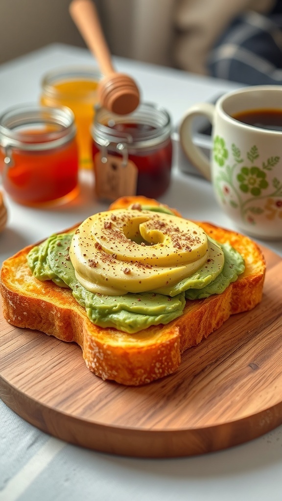 A slice of perfectly toasted bread topped with avocado on a wooden board with coffee and jam in the background.